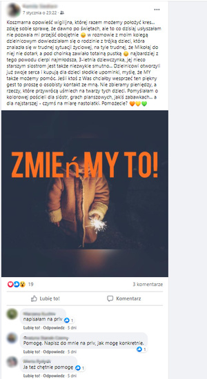 Ogłoszenie, jakie policjantka z Żor umieściła na swoim profilu na portalu społecznościowym, aby zachęcić swoich znajomych do pomocy w zbiórce. Dzięki niemu wiele życzliwych osób zaoferowało swoją pomoc.