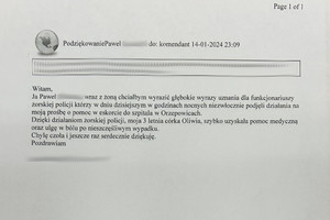 Zdjęcie przedstawia treść e-maila zawierającego wyraz uznania dla policjantów, w związku z niesioną pomocą w postaci policyjnej eskorty.